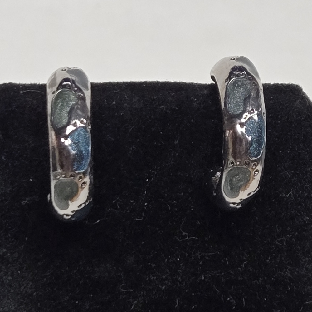 ID Silvertone and Blue Footprints Hoop Earrings 3/4" Diameter